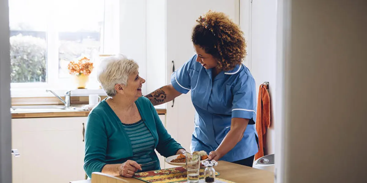care worker giving an old lady her dinner in her home