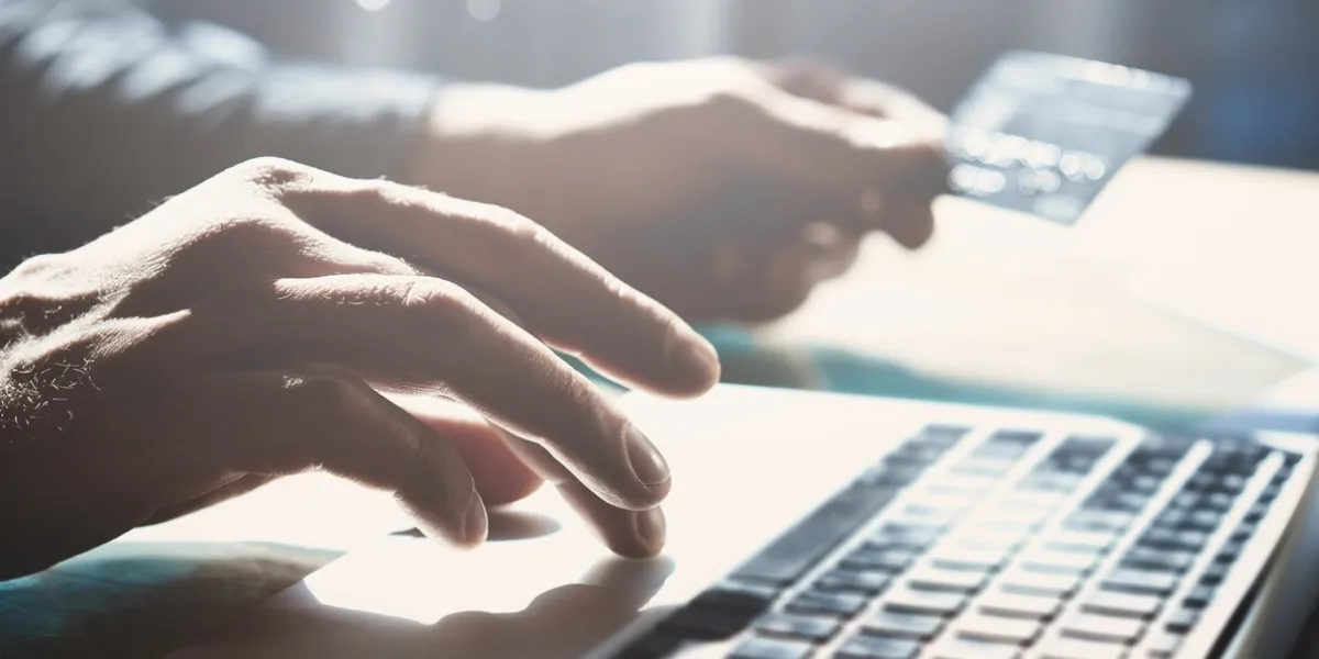 closeup photo businessman working with generic design notebook online payments, banking, hands keyboard blurred background, film effect