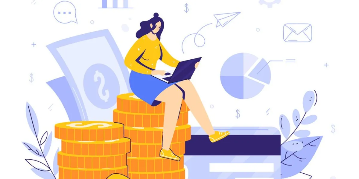 online work in internet concept modern business woman sits on a stack of moments and earns remotely using a computer card and banknotes, financial icons successful full-time freelancer isolated vector illustration in modern flat style