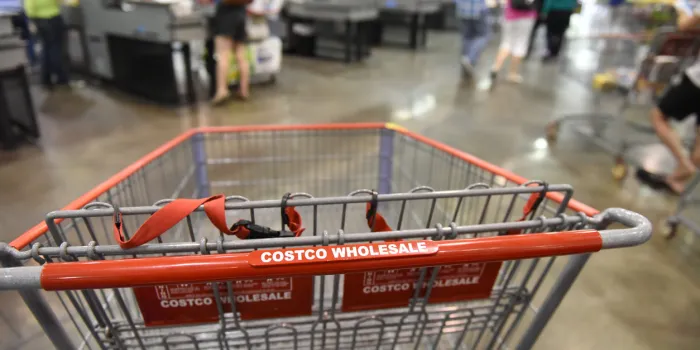 new york city - usa - june 29 2015  interior of costco, focus on shopping cart handle with costco logo