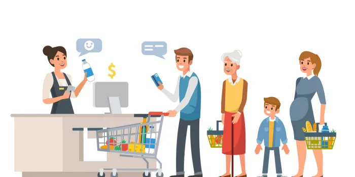 retail woman cashier with barcode scanner and line of customers flat style vector illustration isolated on white background