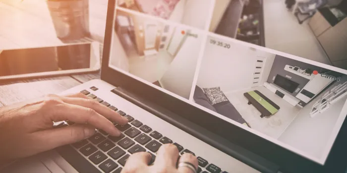 home camera cctv monitoring monitor smart house video system hand exterior closeup concept - stock image