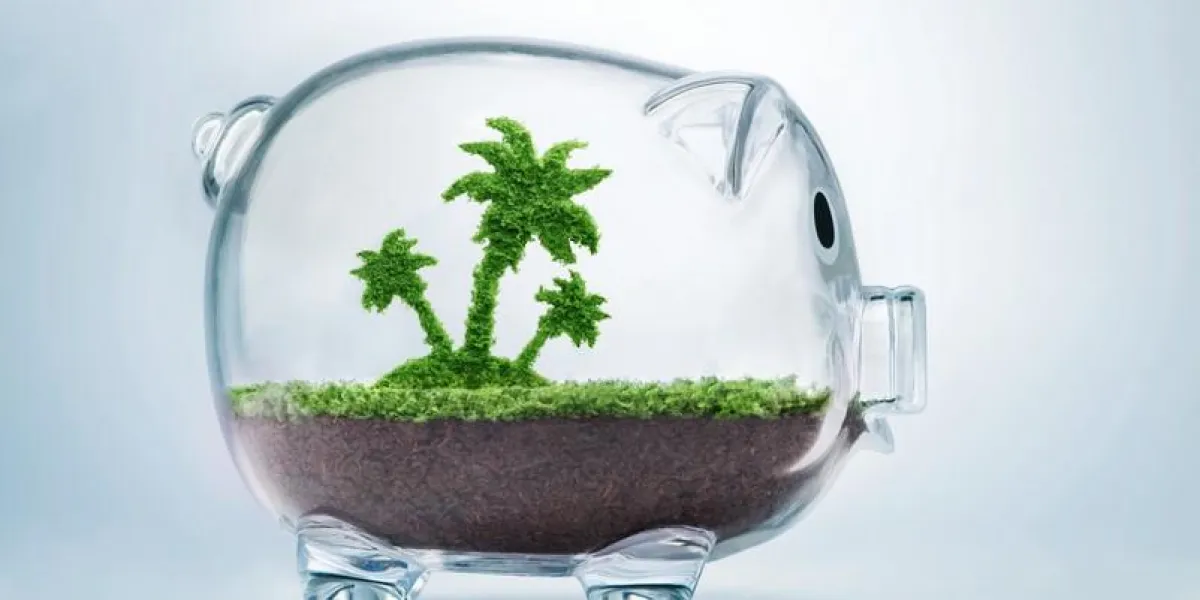 saving for vacation concept with grass growing in shape of a palm tree inside transparent piggy bank