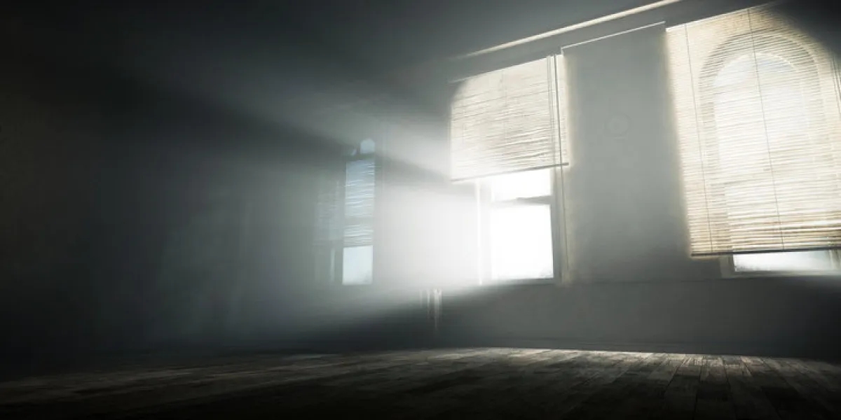 spooky empty room with mysterious light beams