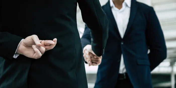 businessman or politician cross finger, hiding behind his back during he get handshake to another person, businessman businessman pretend to be good person, he is liar white collar worker is fraud