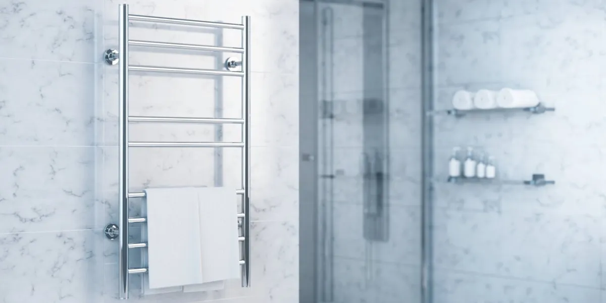 bathroom towel heater warmer with towels in modern bathroom - 3d rendering