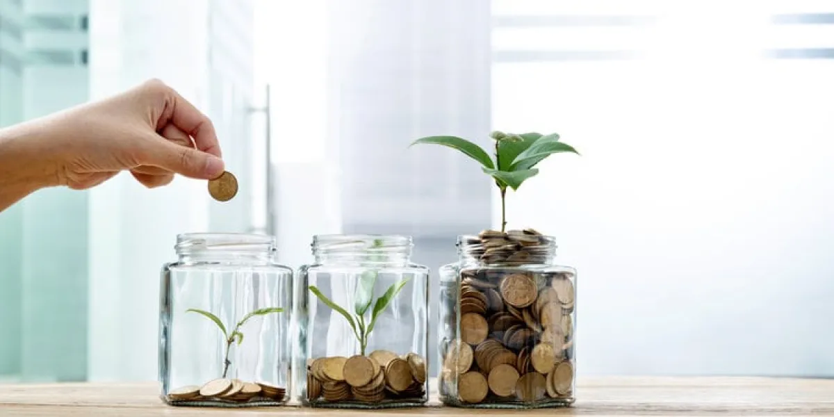 woman putting coin in the jar with plant