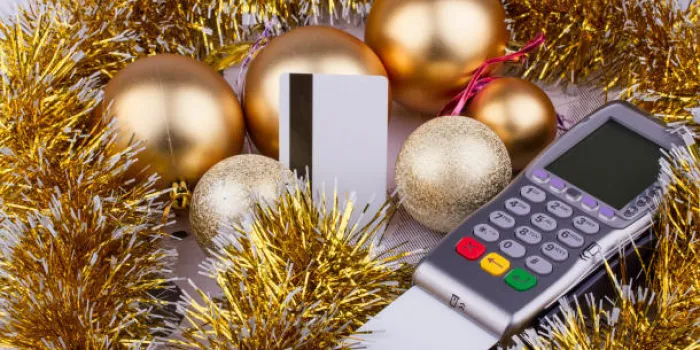 noël d'affaires de terminal de paiement, cartes de crédit, balles, clinquant