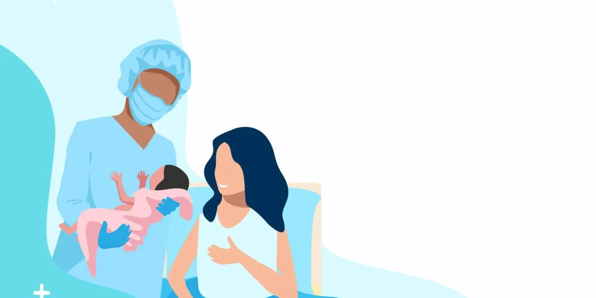 happy woman in labor in the delivery room with a newborn baby and a nurse childbirth and the joy of motherhood vector horizontal illustration on an abstract minimalistic background with copy space for text