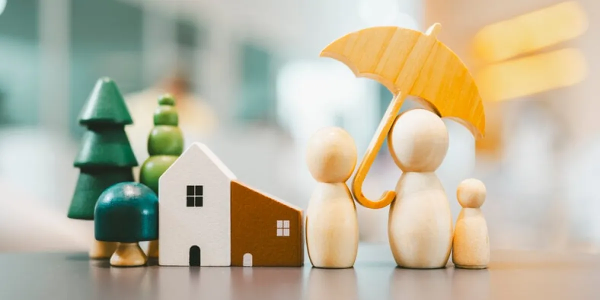 umbrella icon and family model, security protection and health insurance the concept of family home, protection, health care day, car insurance