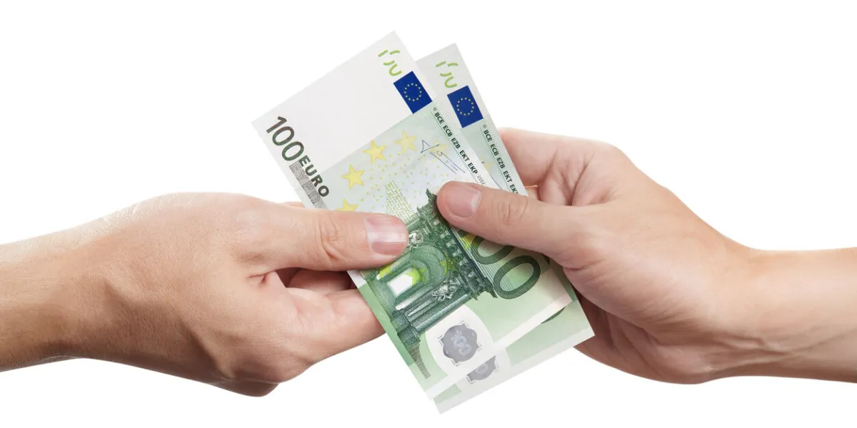 hands sharing euros, isolated on white background