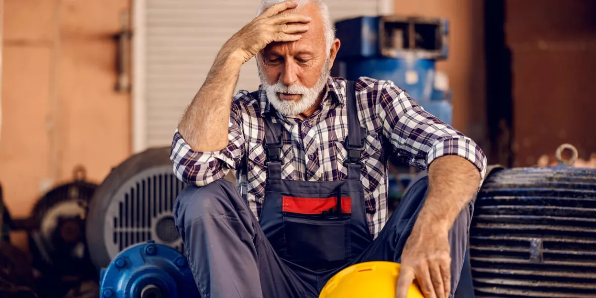 a sad senior factory worker sits next to the machines with a helmet in his hands and holding his head he made a big mistake and he is afraid to be punished the worker is worried
