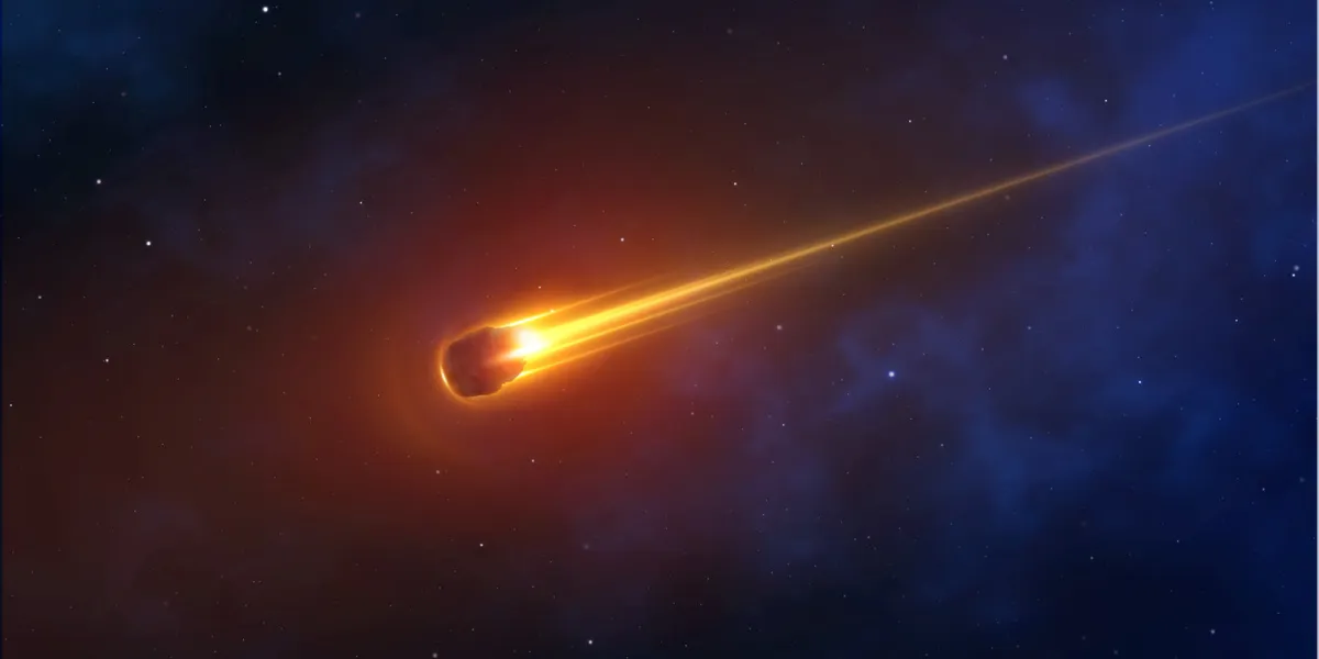 realistic comet, meteorite, an asteroid in motion burns against the background of outer space 3d object vector illustration bullet burns with fire