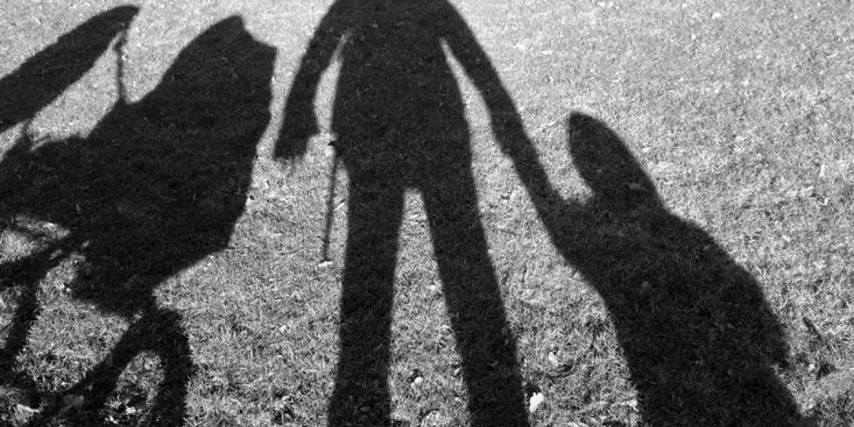 shadow on lawn of a father, a small child and a baby carriage