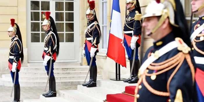 paris, france - june 10, 2016  hotel matignon republican guards of honor during a welcome ceremony matignon is the official residence of the prime minister of france