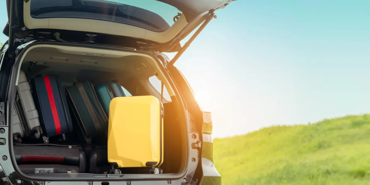 suitcase backpack in suv car truck for packing travel driving at mountain road and street in vacation summer road trip on holidays to destination, traveler transportation vehicle people lifestyle