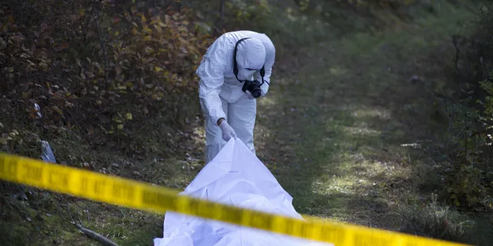 forensic moves the blanket away to check the corpse laying down in the woods on a crime scene investigation site
