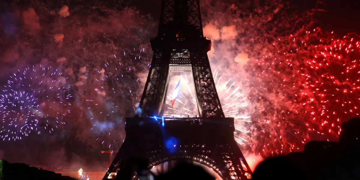 famous fireworks near eiffel tower during celebrations of french national holiday, bastille day