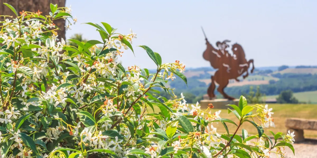 summer city landscape - view flowers on the background of the silhouette monument to d'artagnan in the village of lupiac, near the castle of castelmore, in the historical province gascony in france