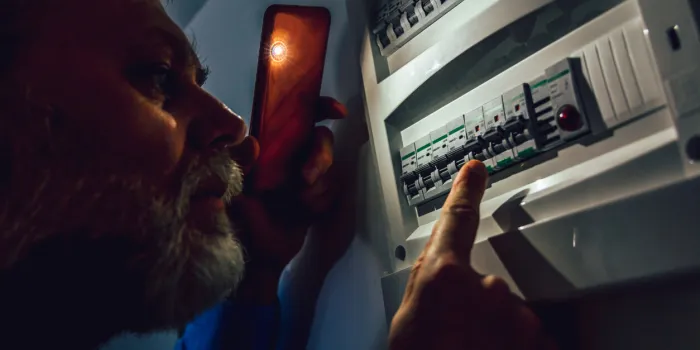 energy crisis man in complete darkness holding a phone to investigate a home fuse box during a power outage blackout concept