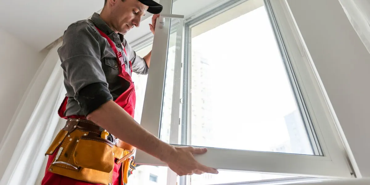 cheerful young man mounting a kitchen window high quality photo
