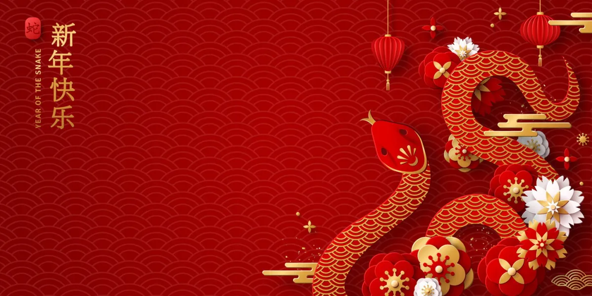 chinese banner, happy new year 2025 poster snake silhouette icon, 3d flowers, asian clouds on red background vector illustration astrology china lunar calendar animal symbol place for text