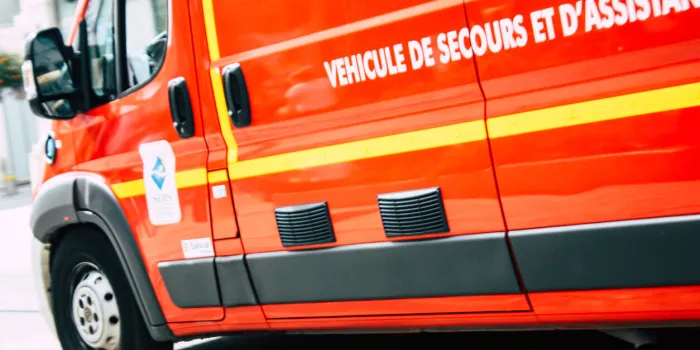 reims france july 23, 2018 view of a french fire engine in the street of reims in the afternoon