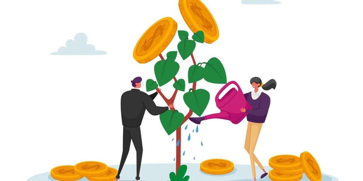 business man and woman characters watering money tree, growing wealth capital for refund care of plant with gold coins on branch roi, return on investment concept cartoon people vector illustration