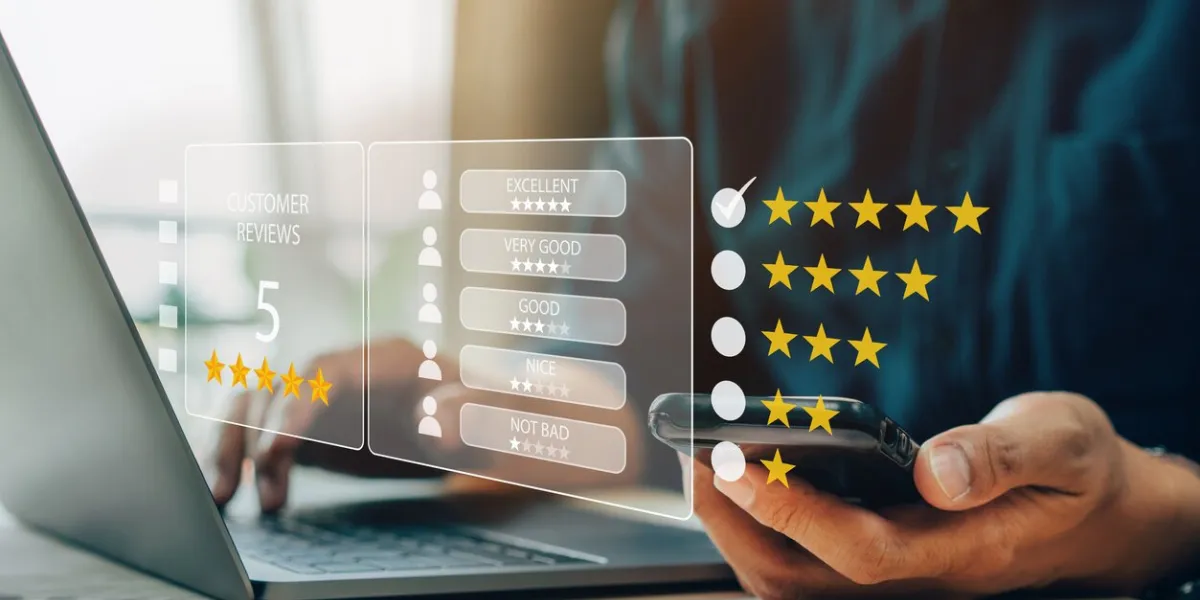 customer review satisfaction feedback survey concept, user give rating 5 star to service experience on online application