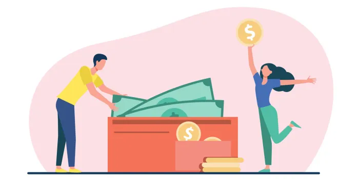 couple counting cash in wallet money, income, salary, profit flat vector illustration finance, family budget concept for banner, website design or landing web page