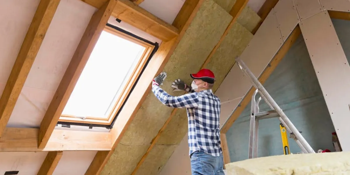 man installing thermal roof insulation layer - using mineral wool panels attic renovation and insulation concept
