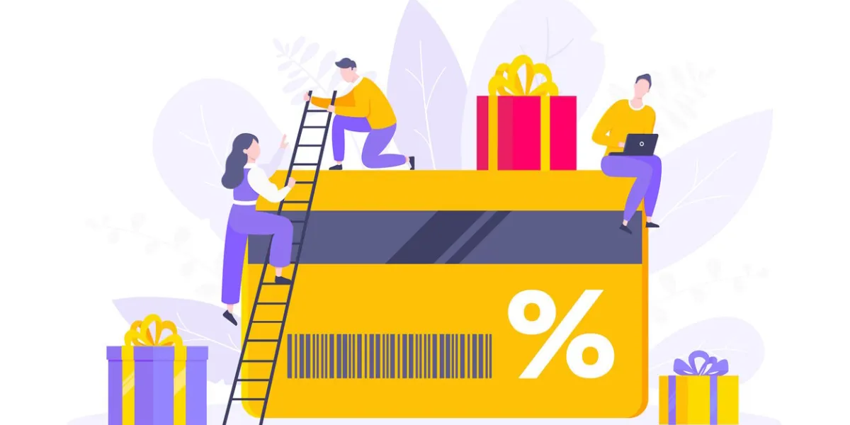 get loyalty card and customer service business concept flat design vector illustration earn loyalty program points and get online reward and gifts tiny people with big card and gift box