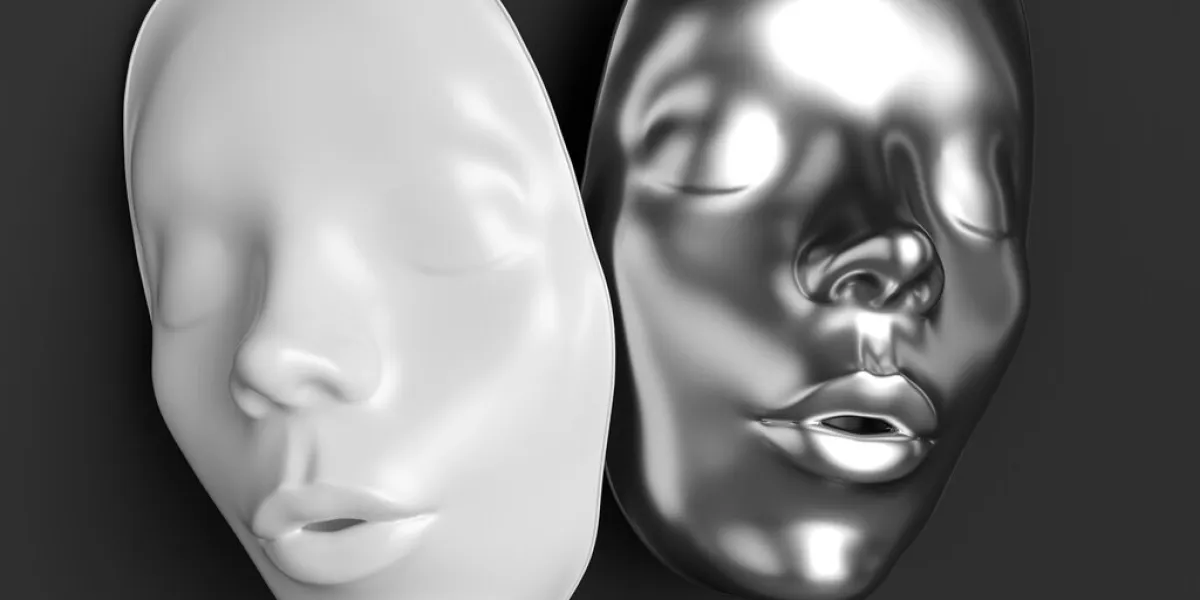 black and white masks poster good and evil concept, 3d render