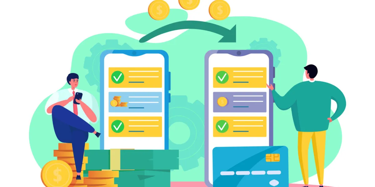 online money transfer vector illustration cartoon flat tiny friend man character transferring, send out transaction coin of electronic wallet, using app smartphone internet banking isolated on white