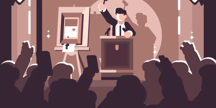 people at auction of art flat poster auction process with man holding gavel behind special stand near picture and human raised hands and bidding in front of him vector illustration
