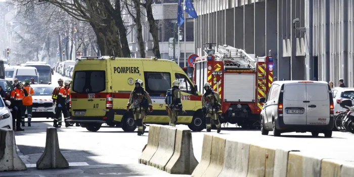 brussels, belgium 19th march 2019 members of the emergency personnel respond to a bomb alert around the european institution