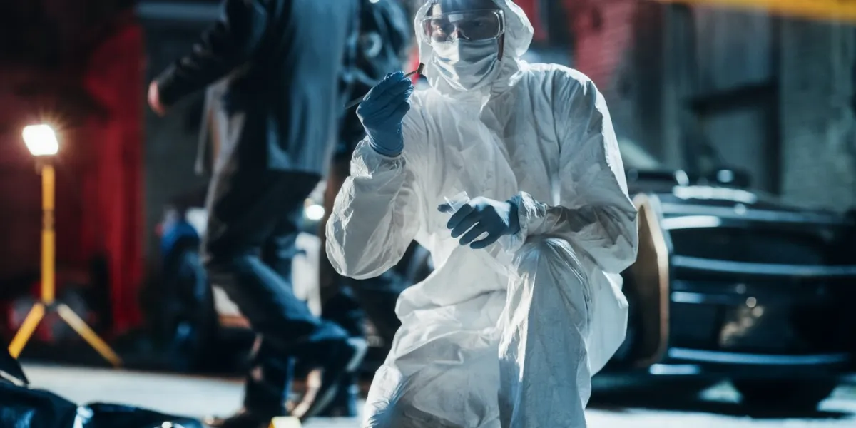 forensics specialist finding bullet shell on crime scene at night expert determining potential cause of death while bagging a cartridge and zipping it as evidence for documentary