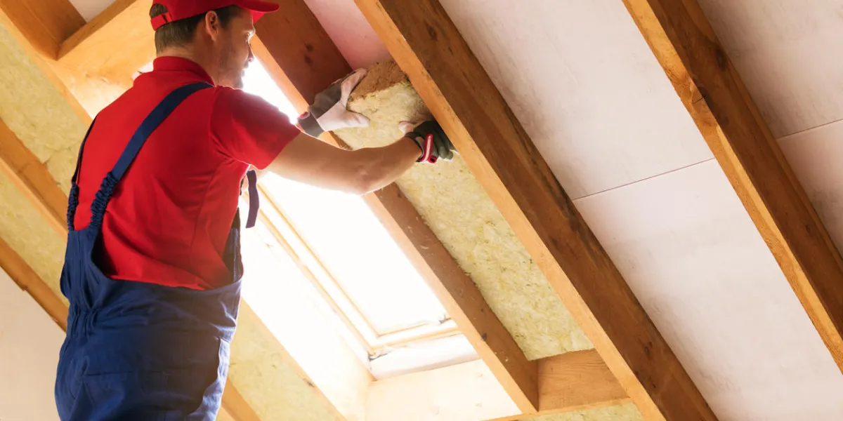 house attic insulation - construction worker installing rock wool in mansard wall