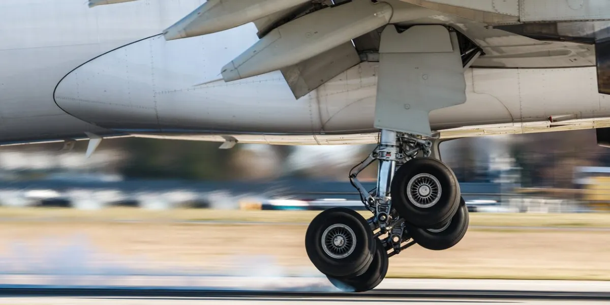 main landing gear of big airplane during touchdown when wheel smoke