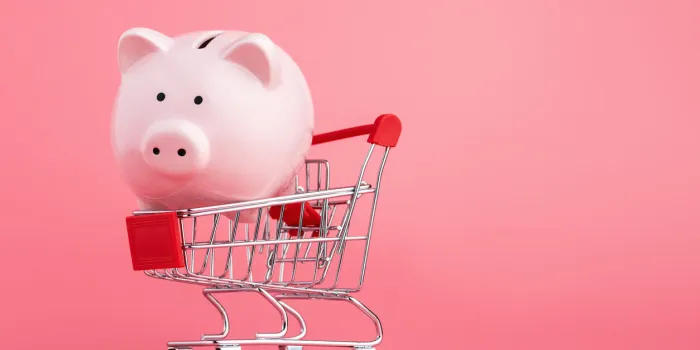 pink piggy bank with a shopping cart stands on a pink background online business shopping concept