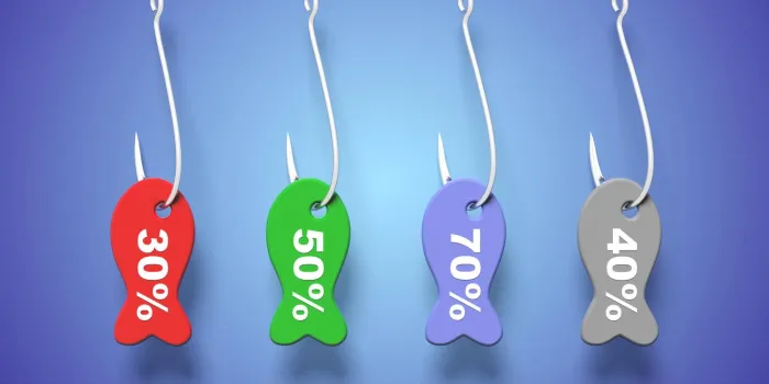 fishing hook with price tags, on blue background