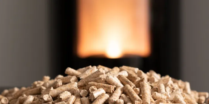 modern domestic pellet stove, granules stove with flames