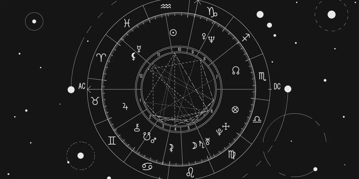 the scheme of the natal chart against the background of the starry sky, the diagram of the signs of the zodiac and the astrological forecast