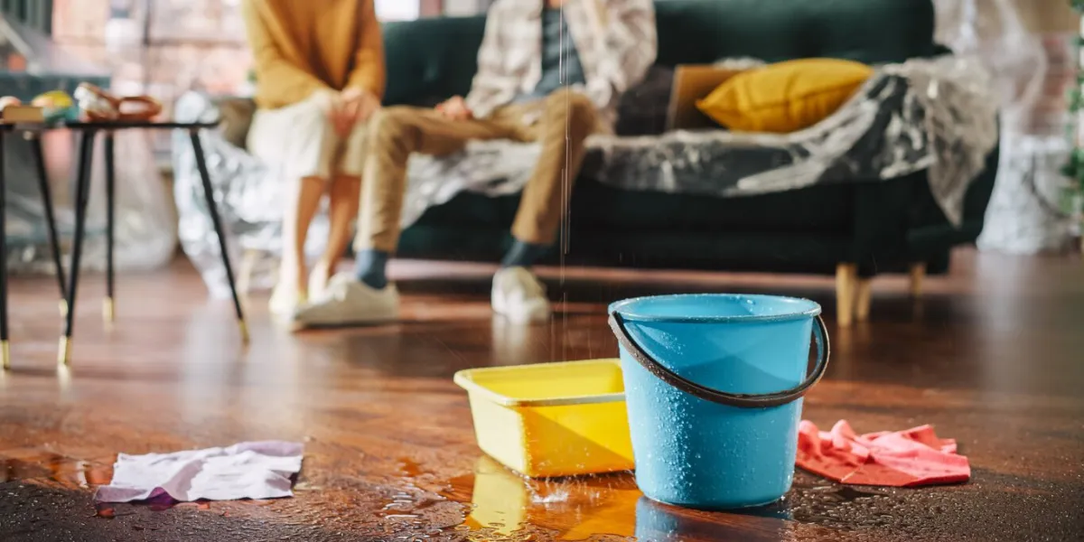 roof is leaking, pipe rupture at home  water drips into buckets in living room angry couple in background calling insurance company, screaming into phone in frustration, trying to find plumber
