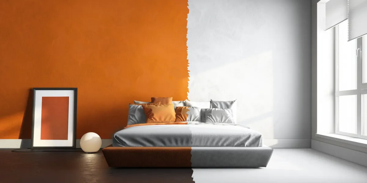 3d interor render of orange-white bedroom