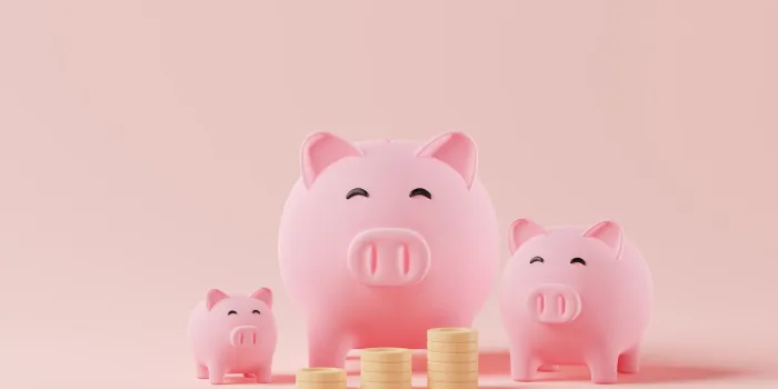 3d rendering piggy bank family with stacking money coins family financial, money savings, investment concept