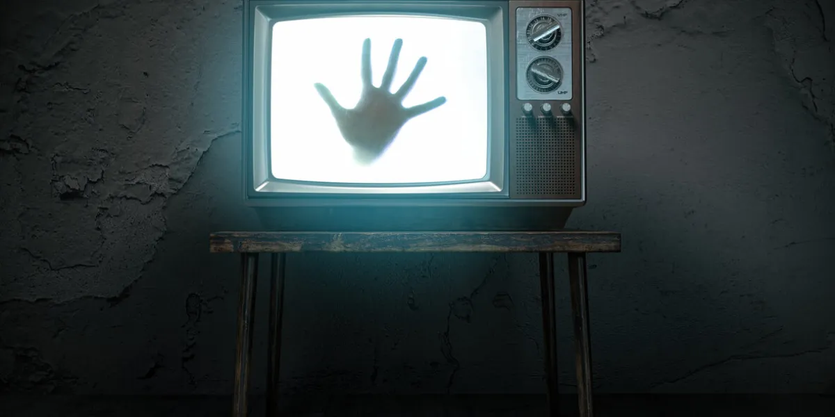 horror scary movie concept hand of ghost on screen of vintage tv in haunted house 3d illustration