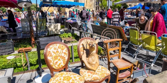 bordeaux, france - may 5, 2019  famous bordeaux flea market marche aux puces in sunday on place near saint michel basilica, aquitaine, france
