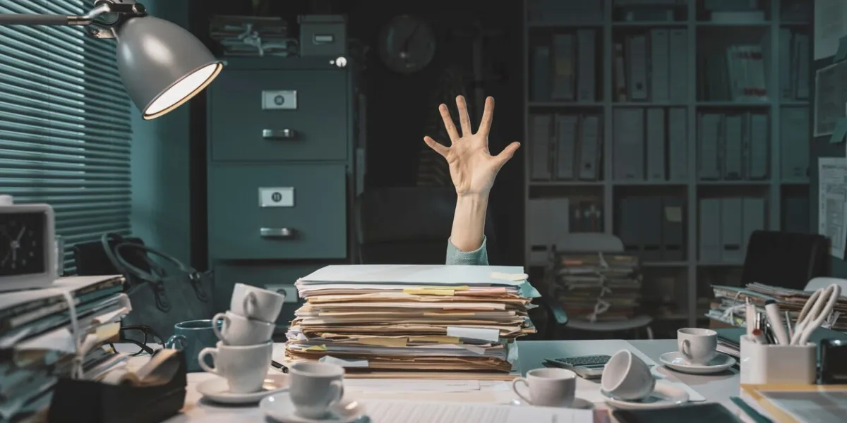 desperate office worker overwhelmed with paperwork, she is asking help with her hand