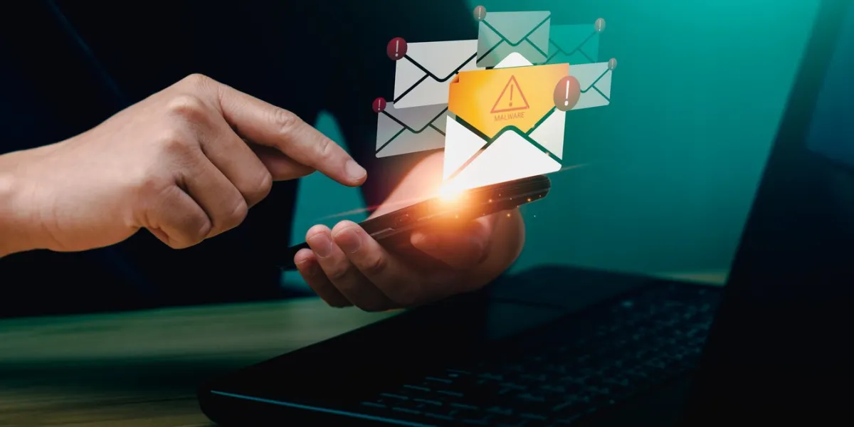 concept of cyber crime, hand using laptop and show malware screen that comes with email, hack password and personal data hackers, viruses, worms, trojans, ransomware, spyware, adware, botnets